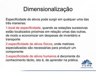 Dimensionalização
Especificidade de ativos pode surgir em qualquer uma das
três maneiras:
1.local de especificidade, quando as estações sucessivas
estão localizados próximas em relação umas das outras,
de modo a economizar em despesas de inventário e
transporte
2.especificidade de ativos físicos, onde matrizes
especializadas são necessárias para produzir um
componente
3.especificidade de ativos humanos é decorrente do
conhecimento tácito, isto é, de aprender na prática.

 