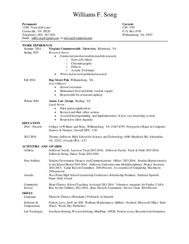 williams song resume