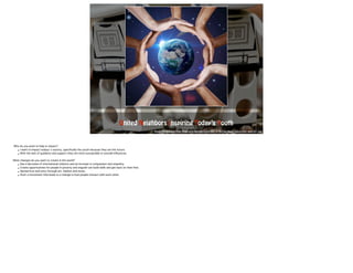 LOGO 
United Neighbors Inspiring Today’s Youth 
http://lindahourihan.files.wordpress.com/2012/06/hands-around-the-world1.jpg 
Who do you want to help or impact? 
• I want to impact todays’s society, specifically the youth because they are the future. 
• With the lack of guidance and support they are more susceptible ! to outside influences. What changes do you want to create in the world? 
• See a decrease of international violence and an increase in compassion and empathy. 
• Create opportunities for people in poverty and anguish can build skills and get back on their feet. 
• Spread love and unity through art, fashion and music. 
• Start a movement that leads to a change in how people interact with each other. 
 