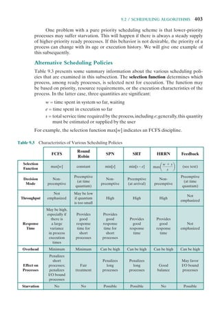 9.2 / SCHEDULING ALGORITHMS 403
One problem with a pure priority scheduling scheme is that lower-priority
processes may suffer starvation. This will happen if there is always a steady supply
of higher-priority ready processes. If this behavior is not desirable, the priority of a
process can change with its age or execution history. We will give one example of
this subsequently.
Alternative Scheduling Policies
Table 9.3 presents some summary information about the various scheduling poli-
cies that are examined in this subsection. The selection function determines which
process, among ready processes, is selected next for execution. The function may
be based on priority, resource requirements, or the execution characteristics of the
process. In the latter case, three quantities are significant:
w = time spent in system so far, waiting
e = time spent in execution so far
s = total service time required by the process,including e;generally,this quantity
must be estimated or supplied by the user
For example, the selection function max[w] indicates an FCFS discipline.
Table 9.3 Characteristics of Various Scheduling Policies
FCFS
Round
Robin
SPN SRT HRRN Feedback
Selection
Function
max[w] constant min[s] min[s – e] maxa
w + s
s
b (see text)
Decision
Mode
Non-
preemptive
Preemptive
(at time
quantum)
Non-
preemptive
Preemptive
(at arrival)
Non-
preemptive
Preemptive
(at time
quantum)
Throughput
Not
emphasized
May be low
if quantum
is too small
High High High
Not
emphasized
Response
Time
May be high,
especially if
there is
a large
variance
in process
execution
times
Provides
good
response
time for
short
processes
Provides
good
response
time for
short
processes
Provides
good
response
time
Provides
good
response
time
Not
emphasized
Overhead Minimum Minimum Can be high Can be high Can be high Can be high
Effect on
Processes
Penalizes
short
processes;
penalizes
I/O bound
processes
Fair
treatment
Penalizes
long
processes
Penalizes
long
processes
Good
balance
May favor
I/O bound
processes
Starvation No No Possible Possible No Possible
 