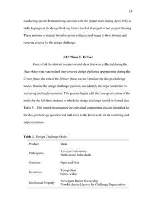 33	
  


conducting several brainstorming sessions with the project team during April 2012 in

order to progress the design thinking from a level of divergent to convergent thinking.

These sessions evaluated the information collected and began to form distinct and

concrete criteria for the design challenge.



                                3.2.7 Phase 3: Deliver

       Once all of the abstract inspiration and ideas that were collected during the

Hear phase were synthesized into concrete design challenge opportunities during the

Create phase, the aim of the Deliver phase was to formulate the design challenge

model, finalize the design challenge question, and identify the steps needed for its

marketing and implementation. This process began with the conceptualization of the

model by the full-time students in which the design challenge would be framed (see

Table 3). This model encompasses the individual components that are identified for

the design challenge question and will serve as the framework for its marketing and

implementation.



Table 3. Design Challenge Model

    Product                   Ideas

                              Amateur Individuals
    Participants
                              Professional Individuals

    Sponsors                  Open and Free

                              Recognition
    Incentives
                              Social Value

                              Participant Retain Ownership
    Intellectual Property
                              Non-Exclusive License for Challenge Organization
 