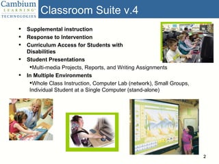 Classroom Suite v.4 Supplemental instruction Response to Intervention Curriculum Access for Students with  Disabilities Student Presentations Multi-media Projects, Reports, and Writing Assignments In Multiple Environments Whole Class Instruction, Computer Lab (network), Small Groups, Individual Student at a Single Computer (stand-alone) 