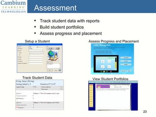 Assessment Track student data with reports Build student portfolios Assess progress and placement Assess Progress and Placement View Student Portfolios Setup a Student Track Student Data 