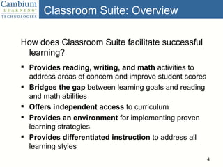 Classroom Suite: Overview How does Classroom Suite facilitate successful learning? Provides reading, writing, and math  activities to address areas of concern and improve student scores Bridges the gap  between learning goals and reading and math abilities Offers independent   access  to curriculum  Provides an environment  for implementing proven learning strategies Provides differentiated instruction  to address all learning styles 