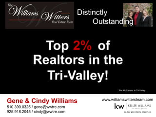 Distinctly
                                      Outstanding


               Top 2% of
             Realtors in the
               Tri-Valley!
                                                * Per MLS stats, in Tri-Valley



                                        www.williamswittersteam.com
Gene & Cindy Williams
510.390.0325 / gene@wwtre.com
925.918.2045 / cindy@wwtre.com                        CA DRE #01370076, 00607511
 