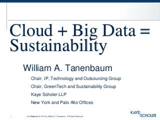 Cloud + Big Data =
Sustainability
    William A. Tanenbaum
        Chair, IP, Technology and Outsourcing Group
        Chair, GreenTech and Sustainability Group
        Kaye Scholer LLP
        New York and Palo Alto Offices

1   60888294
         Copyright © 2012 by William A. Tanenbaum. All Rights Reserved
 