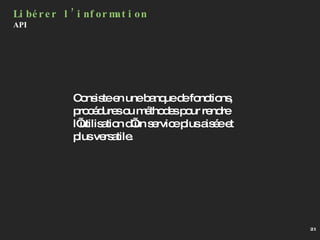 Consiste en une banque de fonctions, procédures ou méthodes pour rendre l’utilisation d’un service plus aisée et plus versatile. Libérer l’information API 