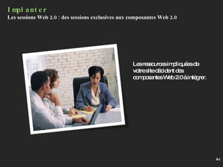 Implanter Les sessions Web 2.0 : des sessions exclusives aux composantes Web 2.0 Les ressources impliquées de votre site décident des composantes Web 2.0 à intégrer. 