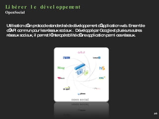 Libérer le développement OpenSocial Utilisation d’un protocole standardisé de développement d’application web. Ensemble d’API commun pour les réseaux sociaux .  Développé par Google et plusieurs autres réseaux sociaux, il permet l’interopérabilité d’une application parmi ces réseaux. 