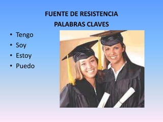 FUENTE DE RESISTENCIA
              PALABRAS CLAVES
•   Tengo
•   Soy
•   Estoy
•   Puedo
 