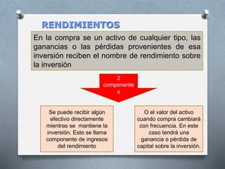 RENDIMIENTOS
En la compra se un activo de cualquier tipo, las
ganancias o las pérdidas provenientes de esa
inversión reciben el nombre de rendimiento sobre
la inversión
Se puede recibir algún
efectivo directamente
mientras se mantiene la
inversión. Esto se llama
componente de ingresos
del rendimiento
2
componente
s
O el valor del activo
cuando compra cambiará
con frecuencia. En este
caso tendrá una
ganancia o pérdida de
capital sobre la inversión.
 