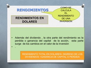 RENDIMIENTOS
RENDIMIENTOS EN
DOLARES
COMO SE
CALCULA
EL
RENDIMIENTO
DE UNA
INVERSION
• Además del dividendo , la otra parte del rendimiento es la
perdida o ganancia del capital de la acción, esta parte
surge de los cambios en el valor de la inversión
• .
RENDIMIENTO TOTAL EN DOLARES= INGRESO DE LOS
DIVIDENDOS +GANANCIA DE CAPITAL O PERDIDA
 
