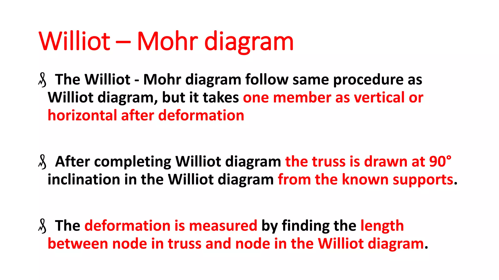 Williot – Mohr diagram
₰ The Williot - Mohr diagram follow same procedure as
Williot diagram, but it takes one member as vertical or
horizontal after deformation
₰ After completing Williot diagram the truss is drawn at 90°
inclination in the Williot diagram from the known supports.
₰ The deformation is measured by finding the length
between node in truss and node in the Williot diagram.
 