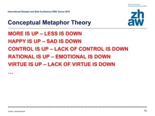 MORE IS UP – LESS IS DOWN HAPPY IS UP – SAD IS DOWN CONTROL IS UP – LACK OF CONTROL IS DOWN RATIONAL IS UP – EMOTIONAL IS DOWN VIRTUE IS UP – LACK OF VIRTUE IS DOWN … International Disaster and Risk Conference IDRC Davos 2010   Conceptual Metaphor Theory 