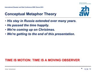 International Disaster and Risk Conference IDRC Davos 2010   Conceptual Metaphor Theory His stay in Russia extended over many years. He passed the time happily. We're coming up on Christmas. We're getting to the end of this presentation. TIME IS MOTION: TIME IS A MOVING OBSERVER 12:38 