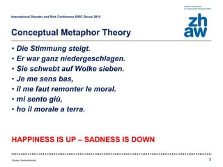 Die Stimmung steigt.  Er war ganz niedergeschlagen. Sie schwebt auf Wolke sieben. Je me sens bas, il me faut remonter le moral. mi sento giù, ho il morale a terra. HAPPINESS IS UP – SADNESS IS DOWN International Disaster and Risk Conference IDRC Davos 2010   Conceptual Metaphor Theory 