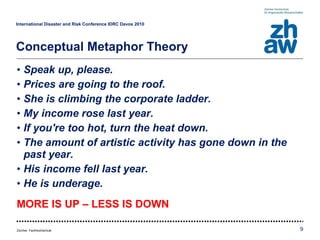 Speak up, please.  Prices are going to the roof. She is climbing the corporate ladder. My income rose last year.  If you're too hot, turn the heat down. The amount of artistic activity has gone down in the past year. His income fell last year.  He is underage.  MORE IS UP – LESS IS DOWN International Disaster and Risk Conference IDRC Davos 2010   Conceptual Metaphor Theory 