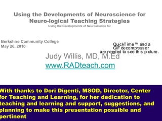 Using the Developments of Neuroscience for Neuro-logical Teaching Strategies  Using the Developments of Neuroscience for Berkshire Community College May 26, 2010 Judy Willis, MD, M.Ed  www.RADteach.com With thanks to Dori Digenti, MSOD, Director, Center for Teaching and Learning, for her dedication to teaching and learning and support, suggestions, and planning to make this presentation possible and pertinent , 