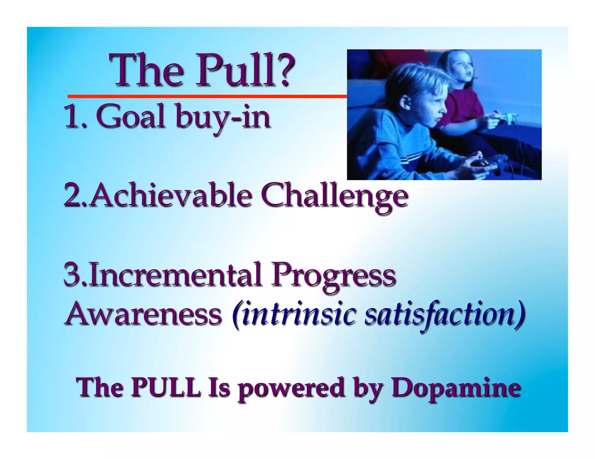 The Pull?
1.  Goal buy-in

2. Achievable Challenge

3. Incremental Progress
Awareness (intrinsic satisfaction)

The PULL Is powered by Dopamine
 
