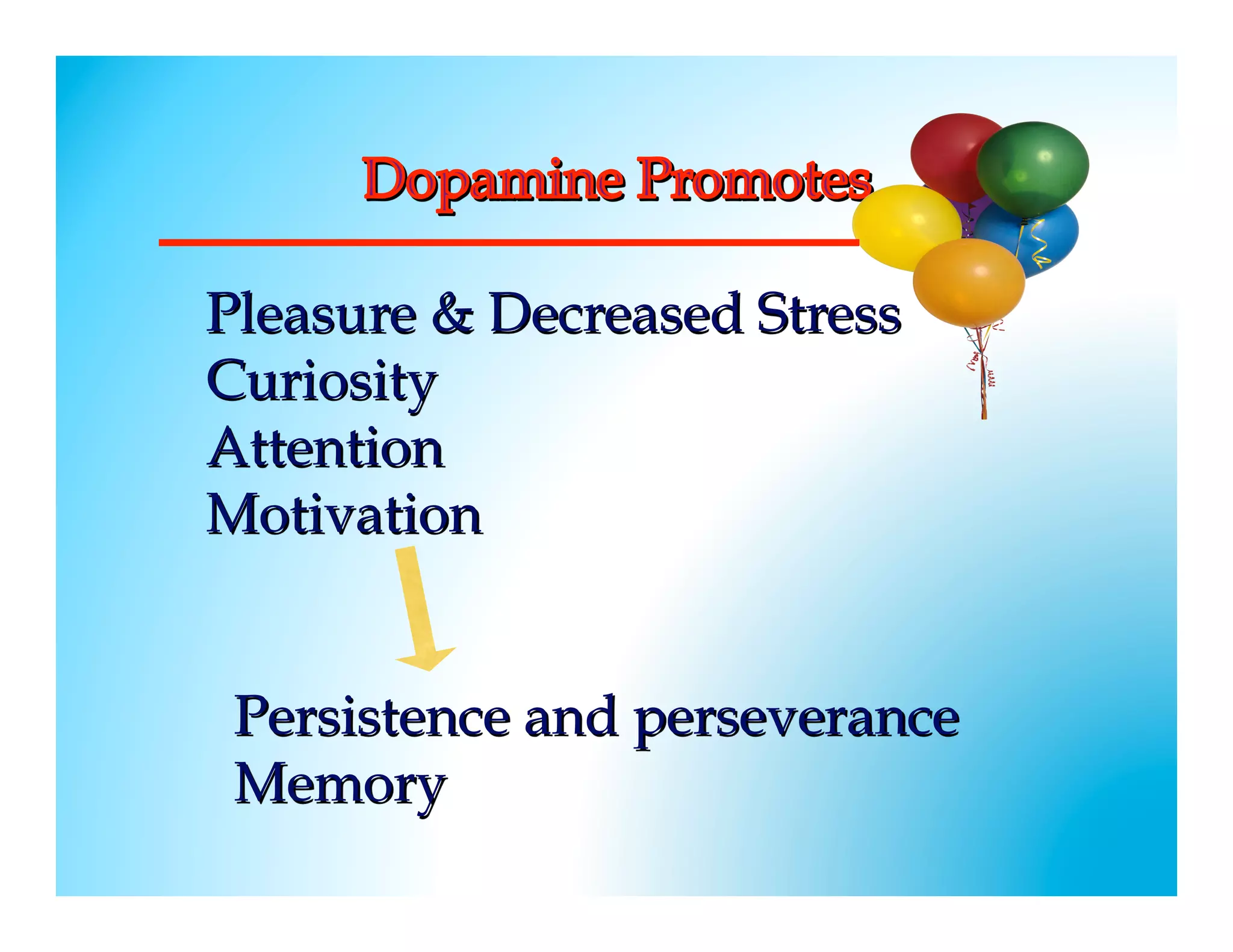 Pleasure & Decreased Stress
Curiosity
Attention
Motivation


      Persistence and perseverance
      Memory

 