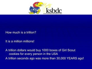 How much is a trillion?  It is a million millions! A trillion dollars would buy 1000 boxes of Girl Scout cookies for every person in the USA A trillion seconds ago was more than 30,000 YEARS ago! 