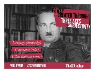 Power is created through 3 axes of
               subjectivity




      Language (knowledge)
       Governance (rules)
     Governance (rules)

    Ethics (cultural norms)
  Ethics (cultural norms)

@SemanticWill | Will Evans
 