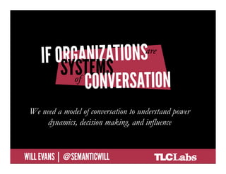 We need a model of conversation to understand power
     IF ORGANIZATIONS ARE SYSTEMS
          dynamics, decision making, and influence
     OF CONVERSATION

@SemanticWill | Will Evans
 