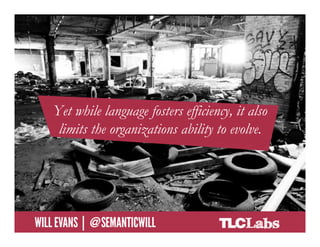 Yet while language fosters efficiency, it also
           limits thelanguage fostersability to evolve.
          Yet while   organizations efficiency, it also
            limits the organizations ability to evolve.




@SemanticWill | Will Evans
 