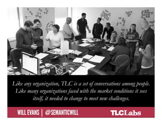 Like any organization, TLC is a set of conversations among people.
 Like many organizations faced with the market conditions it sees
         itself, it needed to change to meet new challenges.

@SemanticWill | Will Evans
 
