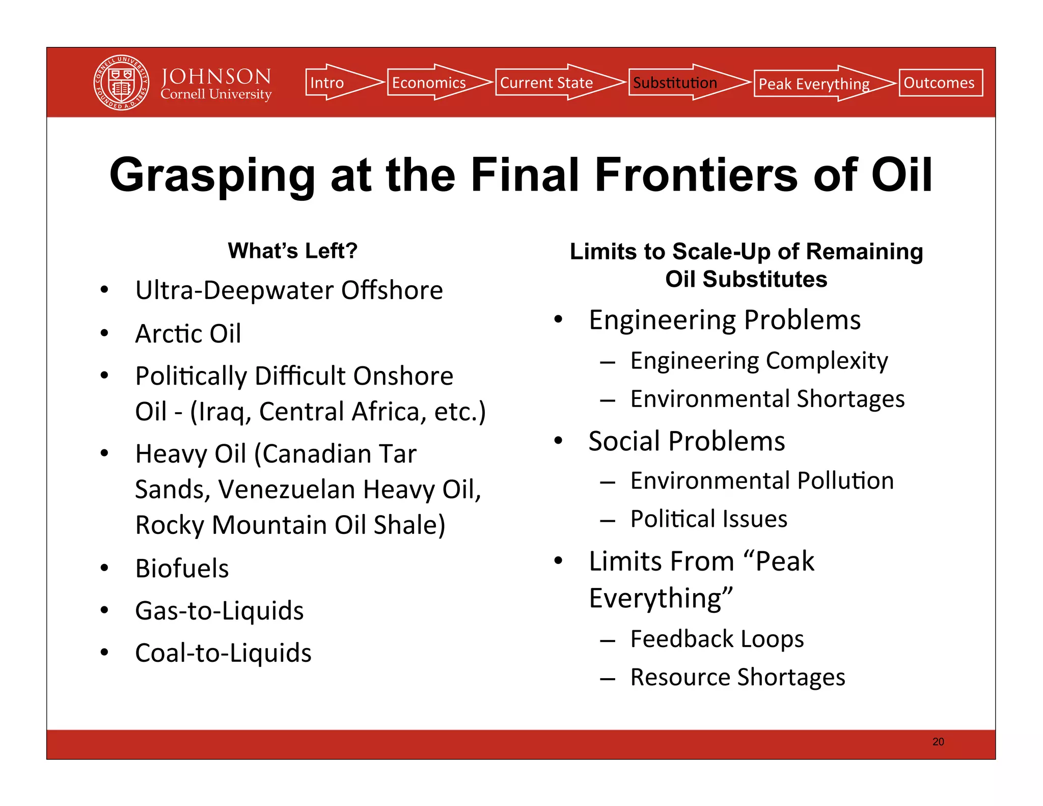 Intro      Economics        Current	
  State      Subs(tu(on   Peak	
  Everything   Outcomes




 Grasping at the Final Frontiers of Oil
                 What’s Left?                                      Limits to Scale-Up of Remaining
                                                                            Oil Substitutes
• Ultra-­‐Deepwater	
  Oﬀshore
• Arc(c	
  Oil                                                   • Engineering	
  Problems
                                                                           – Engineering	
  Complexity
• Poli(cally	
  Diﬃcult	
  Onshore	
  
  Oil	
  -­‐	
  (Iraq,	
  Central	
  Africa,	
  etc.)                      – Environmental	
  Shortages

• Heavy	
  Oil	
  (Canadian	
  Tar	
                             • Social	
  Problems
  Sands,	
  Venezuelan	
  Heavy	
  Oil,	
                                  – Environmental	
  Pollu(on
  Rocky	
  Mountain	
  Oil	
  Shale)                                       – Poli(cal	
  Issues
• Biofuels                                                       • Limits	
  From	
  “Peak	
  
• Gas-­‐to-­‐Liquids                                               Everything”
                                                                           – Feedback	
  Loops
• Coal-­‐to-­‐Liquids
                                                                           – Resource	
  Shortages

                                                                                                                   20
 
