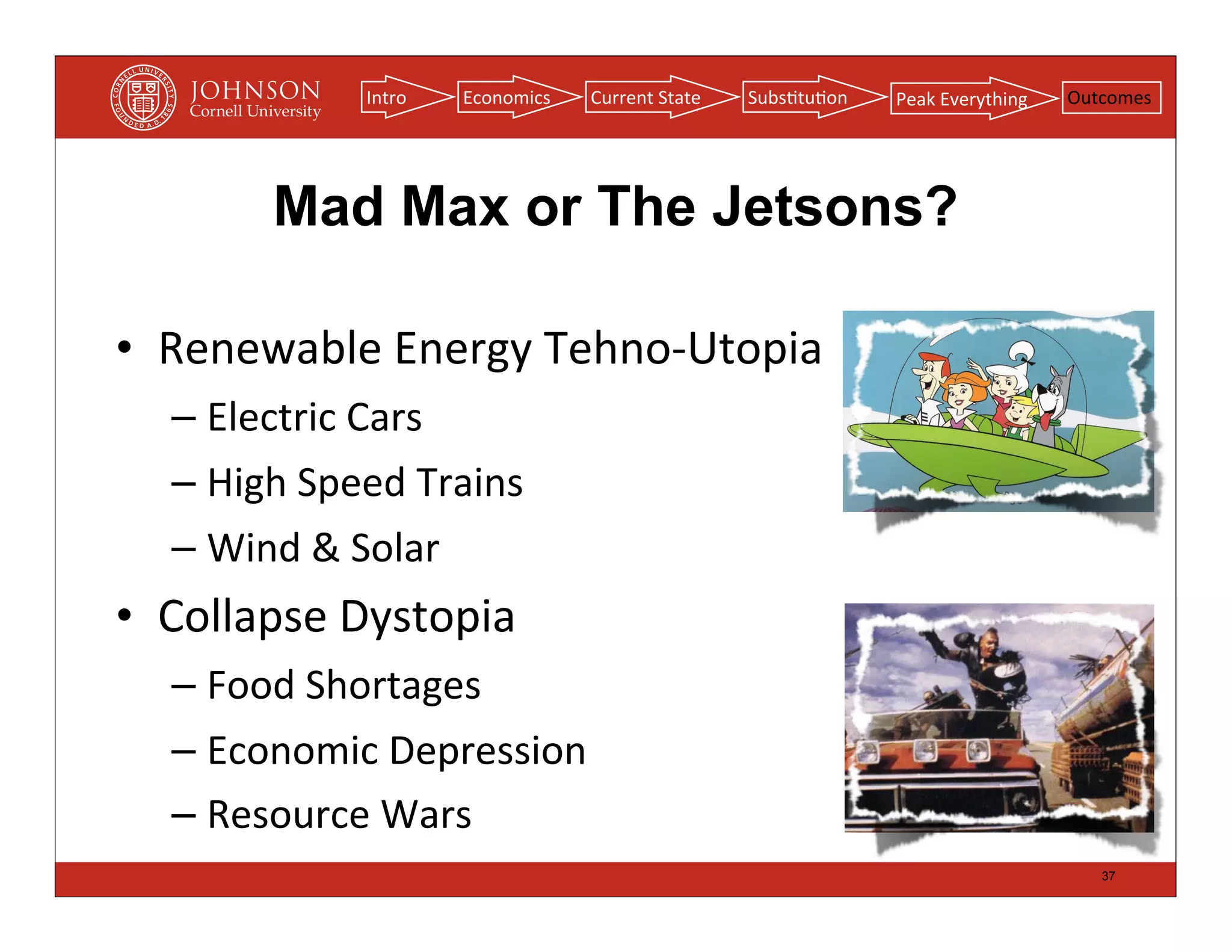 Intro   Economics   Current	
  State   Subs(tu(on   Peak	
  Everything   Outcomes




          Mad Max or The Jetsons?

• Renewable	
  Energy	
  Tehno-­‐Utopia
   – Electric	
  Cars
   – High	
  Speed	
  Trains
   – Wind	
  &	
  Solar
• Collapse	
  Dystopia
   – Food	
  Shortages
   – Economic	
  Depression
   – Resource	
  Wars
                                                                                            37
 