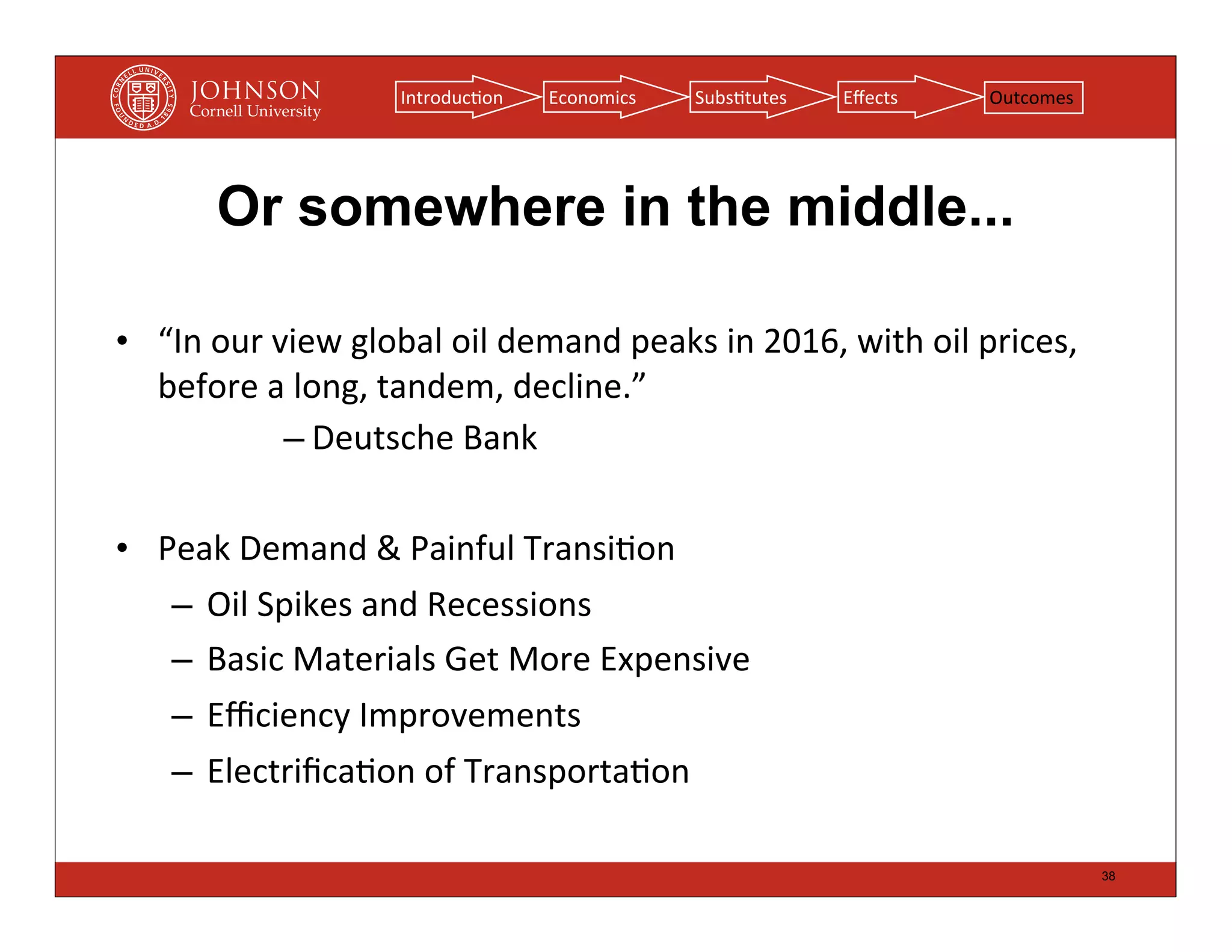 Introduc(on     Economics      Subs(tutes     Eﬀects         Outcomes




          Or somewhere in the middle...

• “In	
  our	
  view	
  global	
  oil	
  demand	
  peaks	
  in	
  2016,	
  with	
  oil	
  prices,	
  
  before	
  a	
  long,	
  tandem,	
  decline.”
                 – Deutsche	
  Bank

• Peak	
  Demand	
  &	
  Painful	
  Transi(on
   – Oil	
  Spikes	
  and	
  Recessions
   – Basic	
  Materials	
  Get	
  More	
  Expensive
   – Eﬃciency	
  Improvements
   – Electriﬁca(on	
  of	
  Transporta(on

                                                                                                        38
 