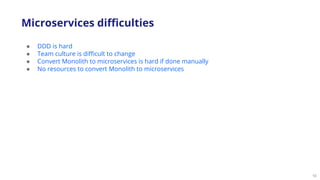 10
● DDD is hard
● Team culture is difficult to change
● Convert Monolith to microservices is hard if done manually
● No resources to convert Monolith to microservices
Microservices difficulties
 