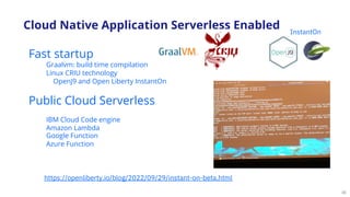 30
Fast startup
Graalvm: build time compilation
Linux CRIU technology
OpenJ9 and Open Liberty InstantOn
Public Cloud Serverless
IBM Cloud Code engine
Amazon Lambda
Google Function
Azure Function
Cloud Native Application Serverless Enabled
https://openliberty.io/blog/2022/09/29/instant-on-beta.html
InstantOn
 