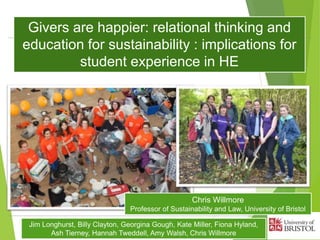 Givers are happier: relational thinking and
education for sustainability : implications for
student experience in HE
Jim Longhurst, Billy Clayton, Georgina Gough, Kate Miller, Fiona Hyland,
Ash Tierney, Hannah Tweddell, Amy Walsh, Chris Willmore
Chris Willmore
Professor of Sustainability and Law, University of Bristol
 