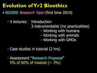Evolution ofYr2 Bioethics
• BS2000 Research Topic (first time 2014)
- 4 lectures: Introduction
3 instrumentalist (inc practicalities)
- Working with humans
- Working with animals
- Working with GMOs
- Case studies in tutorial (2 hrs)
- Assessment “Research Proposal”
5% of 60% of module (= 3%)
 