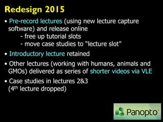 Redesign 2015
• Pre-record lectures (using new lecture capture
software) and release online
- free up tutorial slots
- move case studies to “lecture slot”
• Introductory lecture retained
• Other lectures (working with humans, animals and
GMOs) delivered as series of shorter videos via VLE
• Case studies in lectures 2&3
(4th lecture dropped)
 