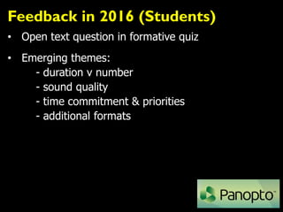Feedback in 2016 (Students)
• Open text question in formative quiz
• Emerging themes:
- duration v number
- sound quality
- time commitment & priorities
- additional formats
 