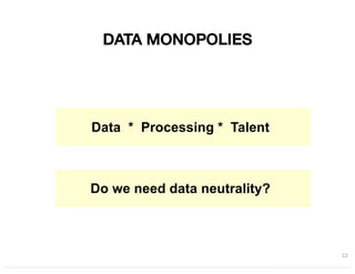 DATA MONOPOLIES
22
Data * Processing * Talent
Do we need data neutrality?
 
