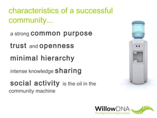 characteristics of a successful
community...
a strong common purpose
trust and openness
minimal hierarchy
intense knowledge sharing
social activity is the oil in the
community machine
 