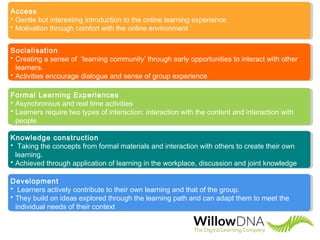 Learning path design methodologyAccess
• Gentle but interesting introduction to the online learning experience
• Motivation through comfort with the online environment
Socialisation
• Creating a sense of ‘learning community’ through early opportunities to interact with other
learners.
• Activities encourage dialogue and sense of group experience
Formal Learning Experiences
• Asynchronous and real time activities
• Learners require two types of interaction: interaction with the content and interaction with
people
Knowledge construction
• Taking the concepts from formal materials and interaction with others to create their own
learning.
• Achieved through application of learning in the workplace, discussion and joint knowledge
development.
Development
• Learners actively contribute to their own learning and that of the group.
• They build on ideas explored through the learning path and can adapt them to meet the
individual needs of their context
 