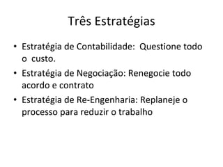 Três Estratégias Estratégia de Contabilidade:  Questione todo o  custo. Estratégia de Negociação: Renegocie todo acordo e contrato Estratégia de Re-Engenharia: Replaneje o processo para reduzir o trabalho 