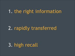 1. the right information<br />2. rapidly transferred<br />3. high recall<br />