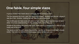 One fable
@davidwillans
Codifying your culture: How to find & define your values
Traced back to 1000 BC, the story of the blindmen and
One fable, four simple steps
A group of blind men heard about a strange animal coming to town.
The first grasped the trunk, said “It’s like a thick snake". Another held the ear, saying it
was like a fan. Another, holding the leg, said it’s like a tree-trunk.
This 3,000-year-old fable ends with either a fight, when they refused to listen to each
other. Or a true understanding of what an elephant is when they do.
Whatever the ending, the point’s the same. Each person’s perspective is valid but only
holds part of the truth.
The same is true for your values because the ‘way we do things around here’ already
exists. Your job is to define and shape your values as best you can.
 