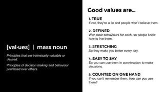 [val·ues] | mass noun
Principles that are intrinsically valuable or
desired.
Principles of decision making and behaviour
prioritised over others.
Good values are…
1. TRUE
If not, they’re a lie and people won’t believe them.
2. DEFINED
With clear behaviours for each, so people know
how to live them.
3. STRETCHING
So they make you better every day.
4. EASY TO SAY
So you can use them in conversation to make
decisions.
5. COUNTED ON ONE HAND
If you can’t remember them, how can you use
them?
 
