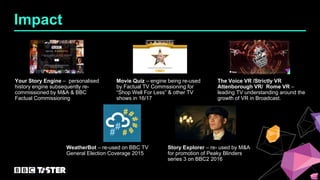 Impact
Your Story Engine – personalised
history engine subsequently re-
commissioned by M&A & BBC
Factual Commissioning
Mo...