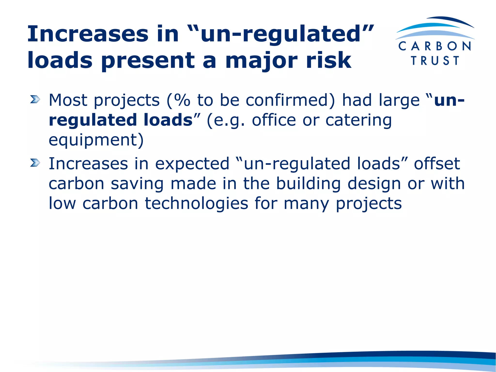 Increases in “un-regulated”
loads present a major risk
 Most projects (% to be confirmed) had large “un-
 regulated loads” (e.g. office or catering
 equipment)
 Increases in expected “un-regulated loads” offset
 carbon saving made in the building design or with
 low carbon technologies for many projects
 