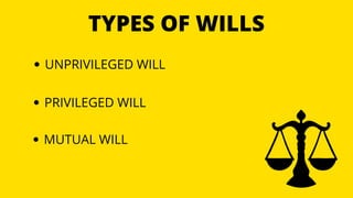 TYPES OF WILLS
UNPRIVILEGED WILL
PRIVILEGED WILL
MUTUAL WILL
 