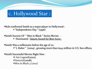 C. Hollywood Star :
Role confirmed Smith as a major player in Hollywood :
 “Independence Day “ (1996)
Smith Success Of “ Men in Black “ Series Movies .
 Nominated : Saturn Award for Best Actor .
Smith Was a millionaire before the age of 20 .
“ I, Robot “ (2004) , grossing more than $144 million in U.S. box offices.
Smith Successful Movies Right Now .
I Am Legend(2007).
Hancock(2008).
Men in Black 3 (2012)
 