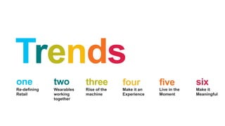 Trends
one two three four
Re-deﬁning
retail  
Wearables
working
together 
Rise of the
machine 
Make it an
experience
five
Live in the
moment
six
Make it
meaningful
 